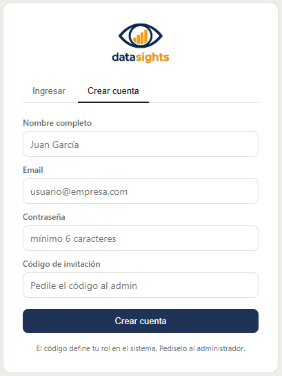 Pantalla de creación de cuenta con código de invitación