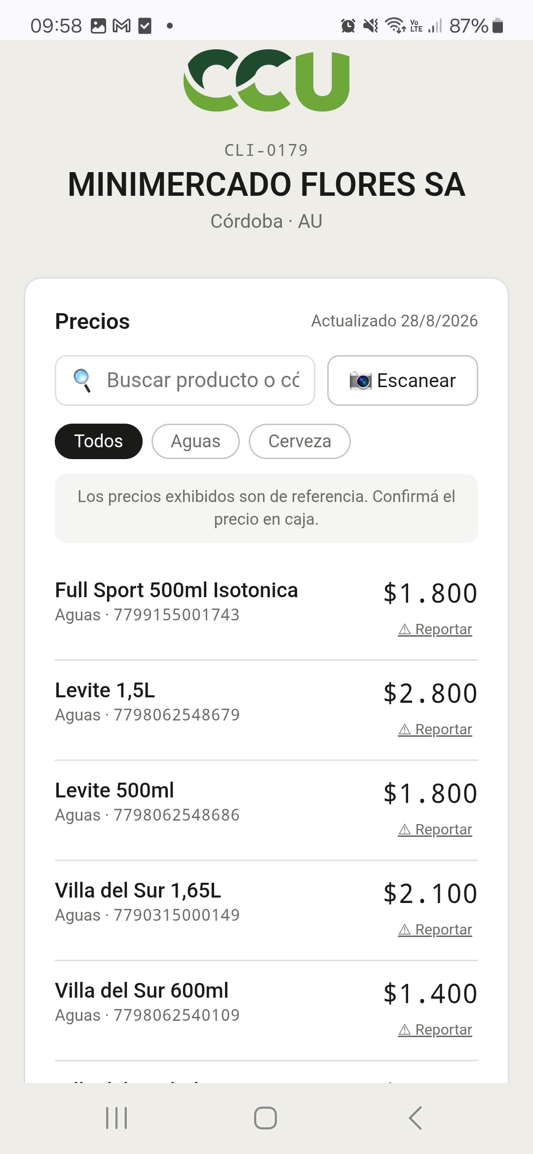 Vista pública del consumidor: precios de MINIMERCADO FLORES SA